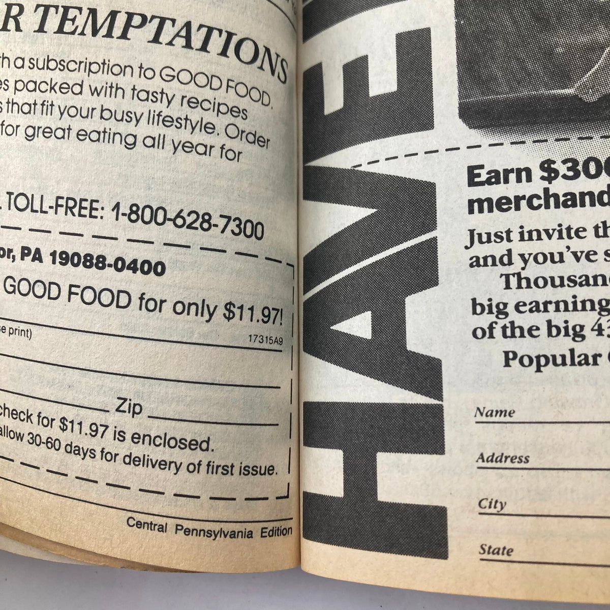 Interior page of the TV Guide Magazine January 9 1988 displaying an advertisement with subscription information, specifically for the Central Pennsylvania Edition.