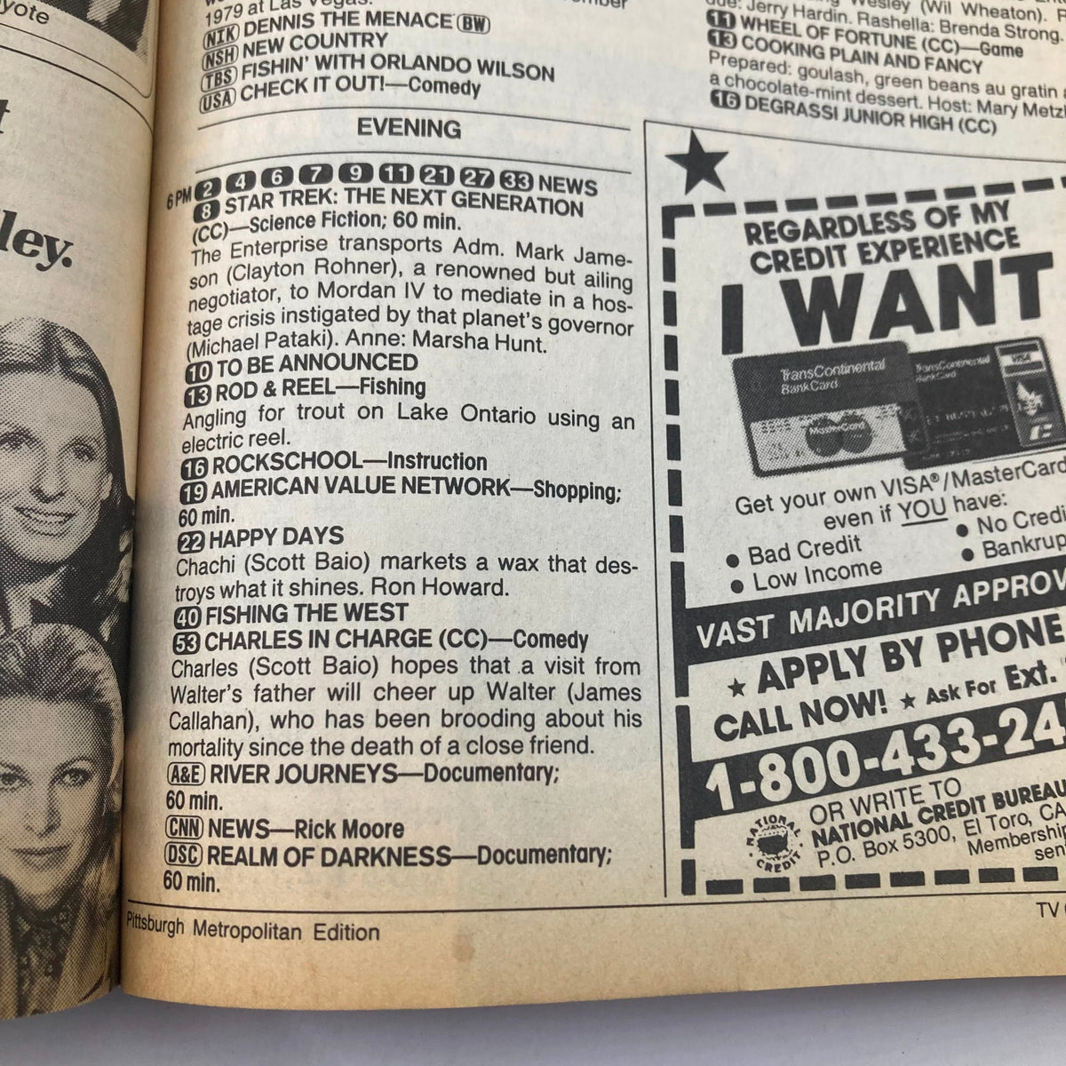 Inside page of TV Guide Magazine February 20 1988 showcasing the evening television schedule with listings for shows like 'Star Trek: The Next Generation', 'Happy Days', and 'Charles in Charge'.