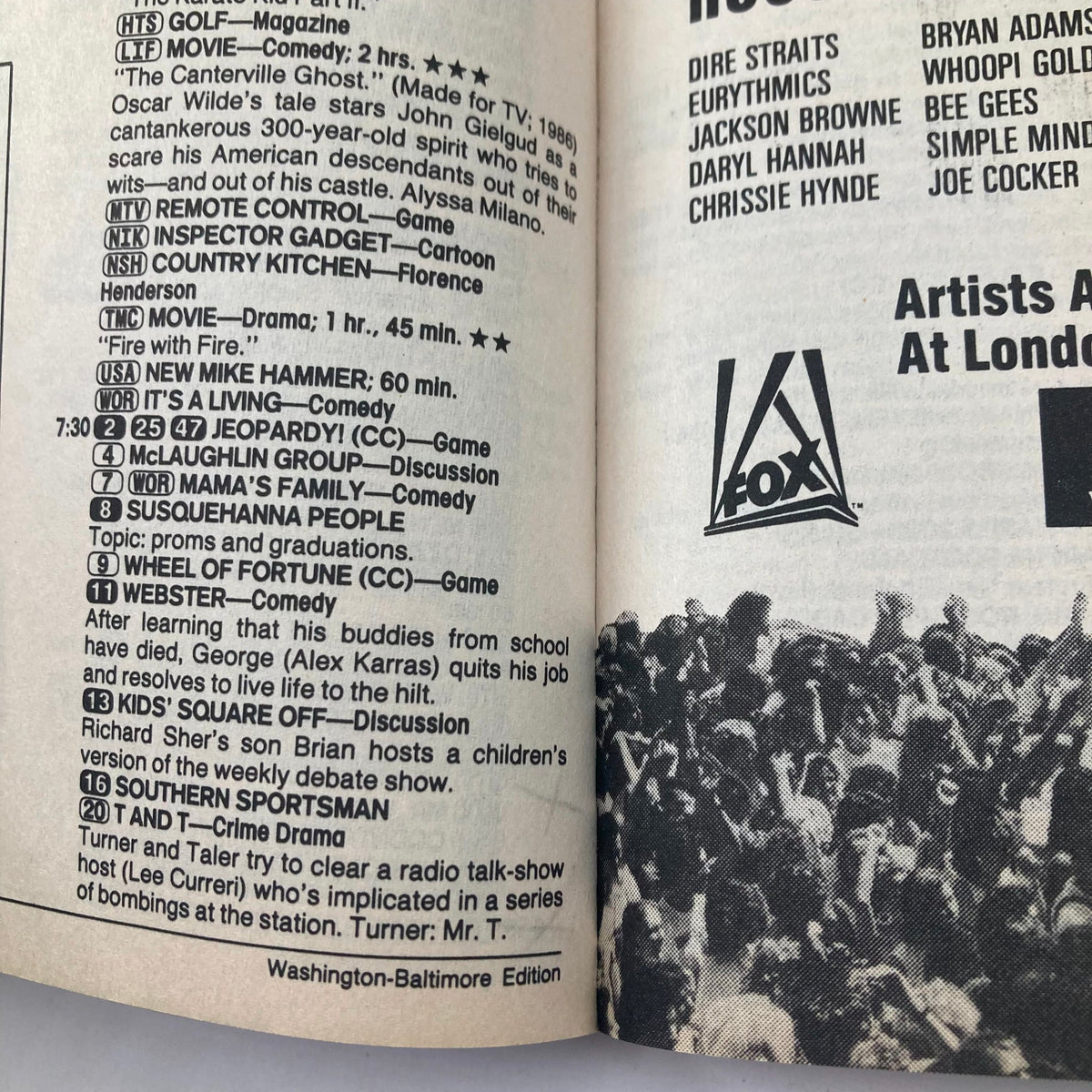 Inside page of TV Guide Magazine June 11 1988 displaying a detailed television schedule including shows like Jeopardy! and Wheel of Fortune, highlighting programming for the Washington-Baltimore edition.