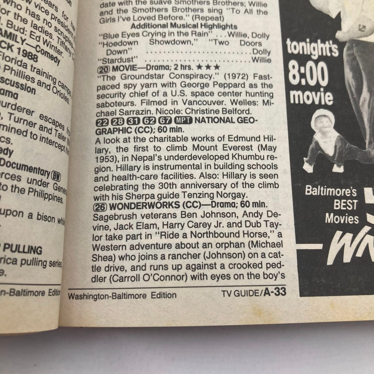 Inside page of TV Guide Magazine April 2 1988, displaying programming listings and details, including a documentary on Edmund Hillary.