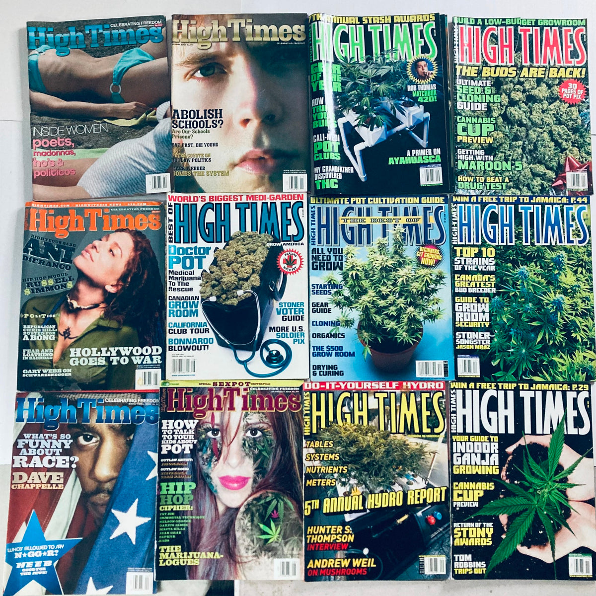 Lot of 53 90s and Early 2000-2007 High Times Magazine showcasing influential covers related to marijuana cultivation and lifestyle.