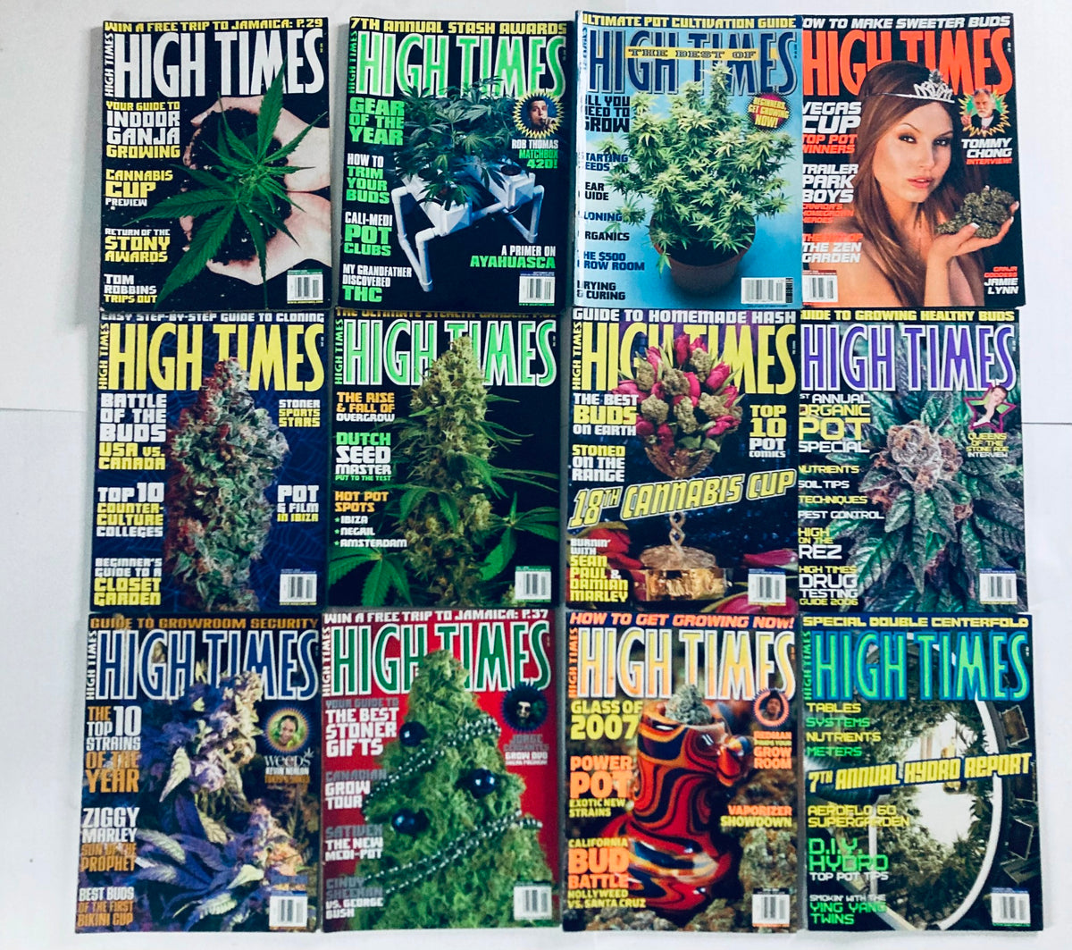 Lot of 53 90s and Early 2000-2007 High Times Magazine displaying various covers related to cannabis competitions and growing techniques.