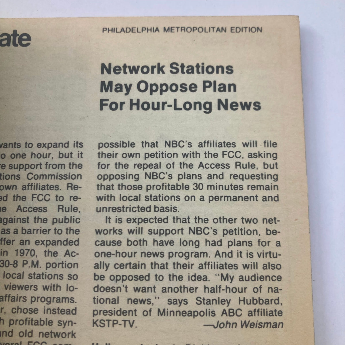 Inside page of TV Guide Magazine from August 29, 1981, discussing potential opposition from network stations against a plan for hour-long news broadcasts, relevant to the television industry's evolution.
