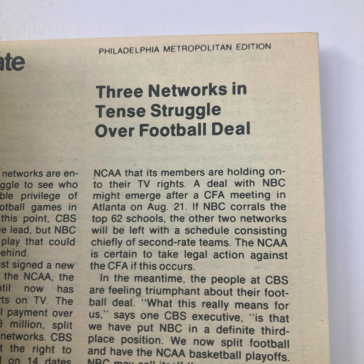 Inside page of TV Guide Magazine August 15, 1981 discussing television networks' competition over NCAA football rights. This article reflects on the entertainment landscape of the time.