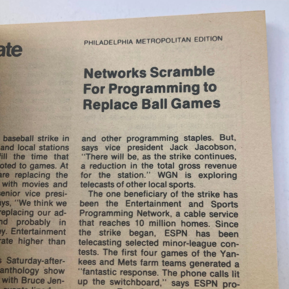 Inside page from the Philadelphia Metropolitan Edition of TV Guide Magazine discussing networks scrambling for programming to replace baseball games during a strike.