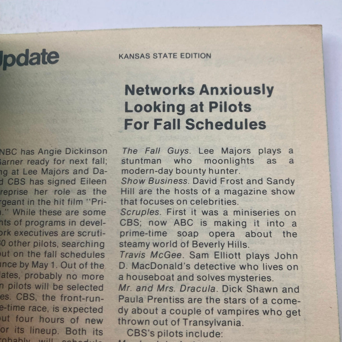 Inside page of TV Guide Magazine March 7 1981, Kansas State Edition, detailing pilot previews and network updates for upcoming fall schedules.