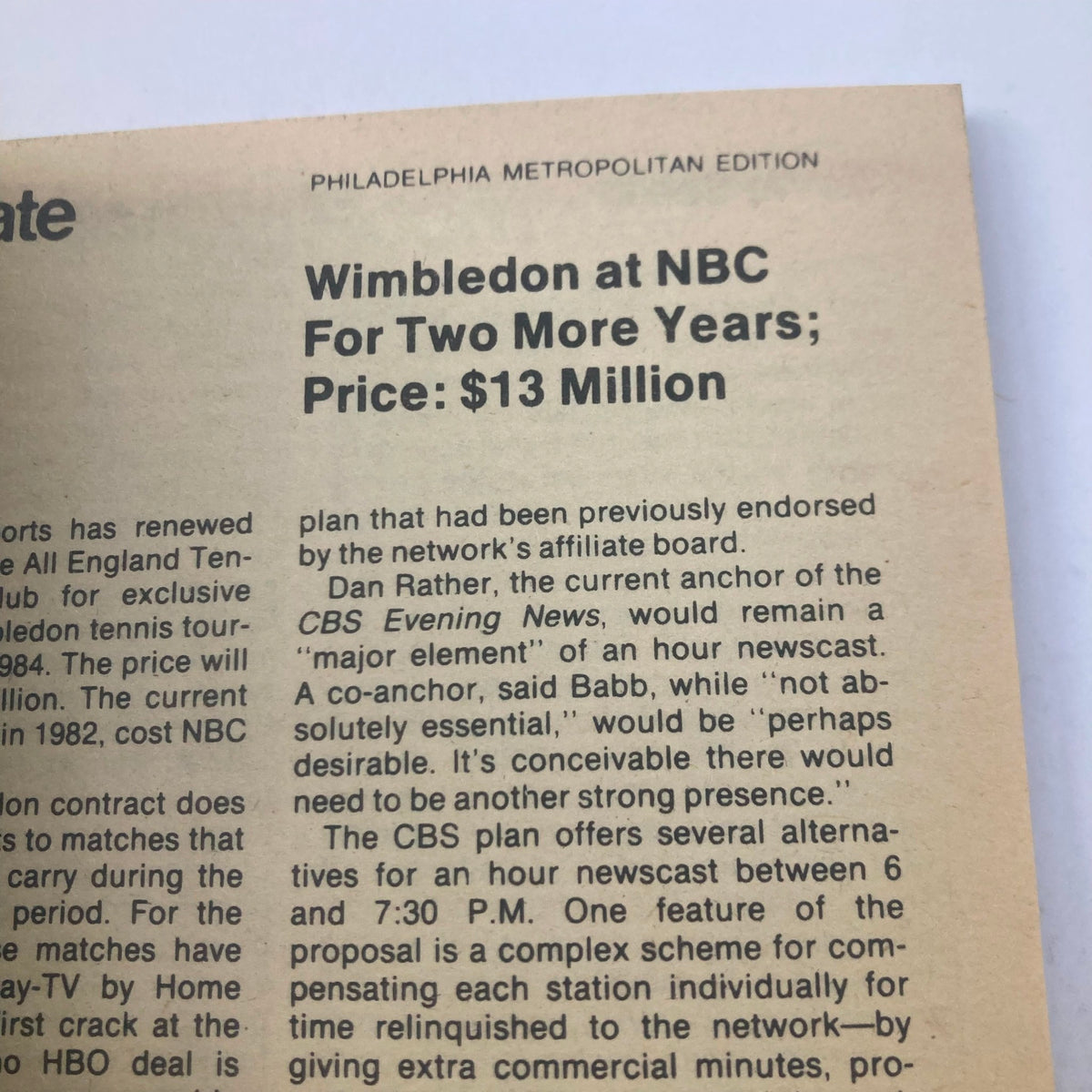 Interior page of the Philadelphia Metropolitan Edition TV Guide discussing Wimbledon at NBC and related broadcasting updates.