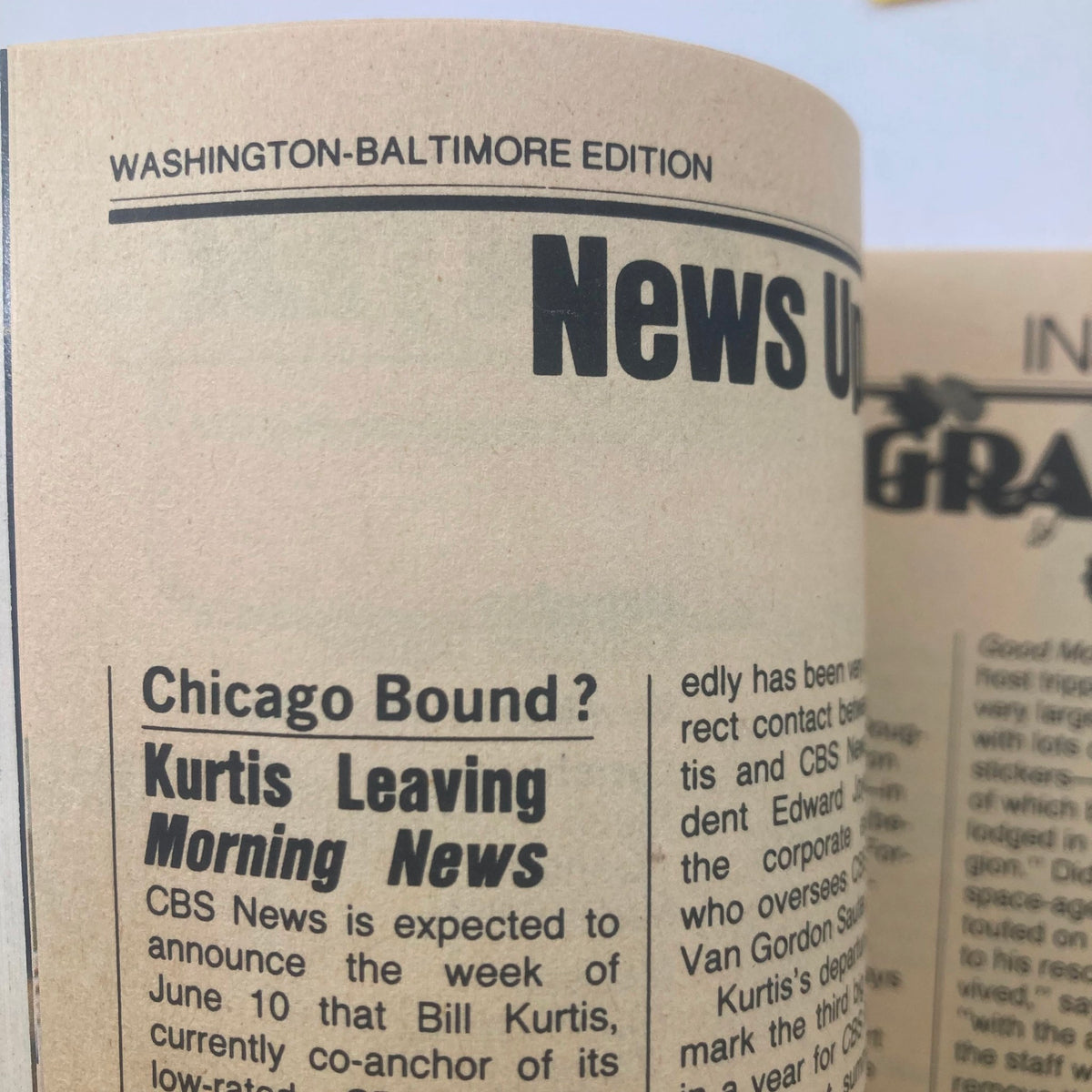 Inner page of TV Guide Magazine June 8, 1985, Washington-Baltimore edition showcasing news updates, including a feature on Bill Kurtis leaving CBS Morning News.