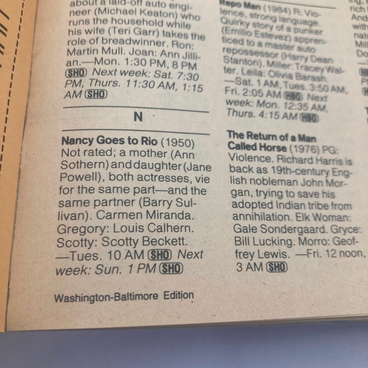 Inside page of TV Guide Magazine June 1, 1985, displaying TV listings including 'Nancy Goes to Rio' and 'The Return of a Man Called Horse', with a focus on Washington-Baltimore Edition details.