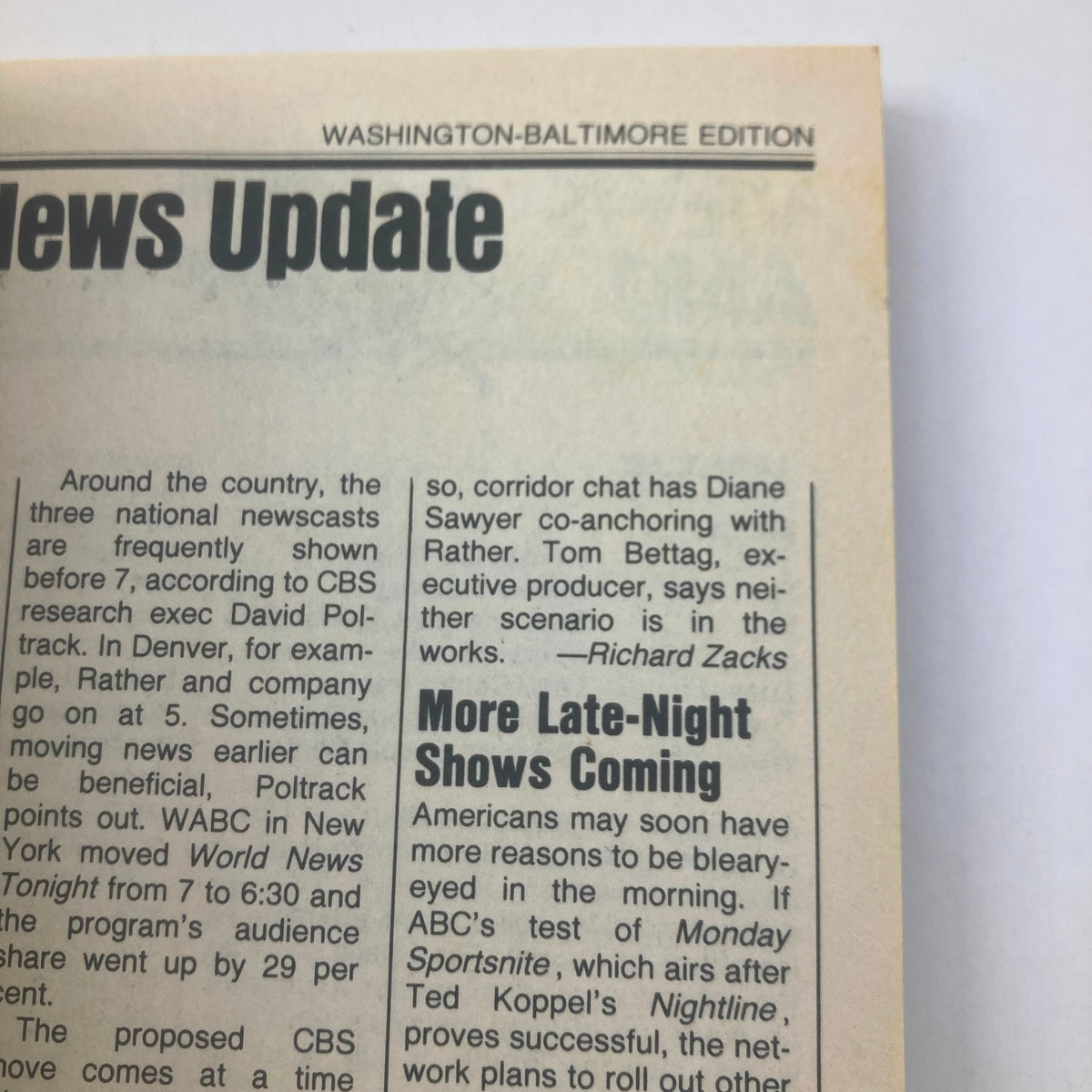 Inside page of TV Guide Magazine July 4, 1987, showing a News Update section from the Washington-Baltimore edition, discussing national newscast timings and late-night shows.