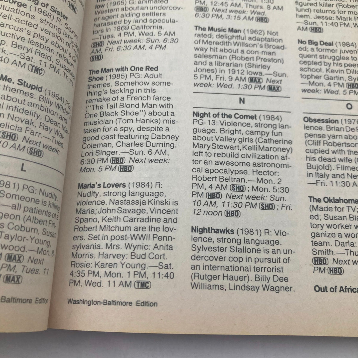 Interior page from TV Guide Magazine February 7 1987 showing listings of movies aired, including titles like 'The Man with One Red Shoe' and 'Maria's Lovers', featured in the Washington-Baltimore edition.
