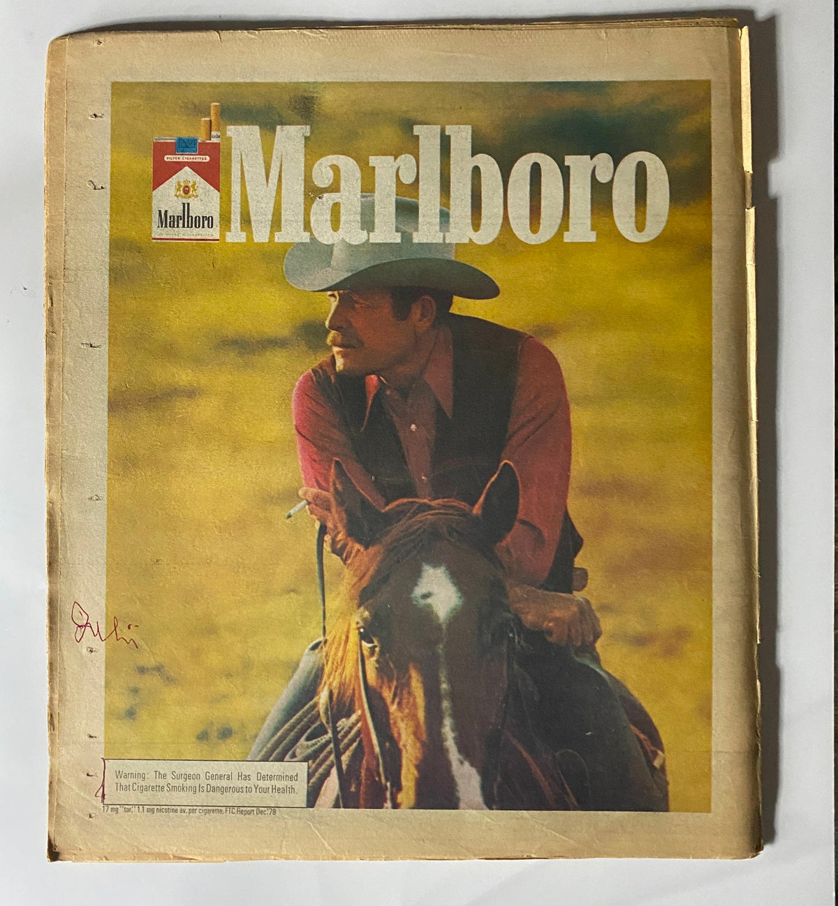 Advertisement page featuring a horseback rider promoting Marlboro, included in the vintage Rolling Stone Magazine July 10, 1980 Issue 321.