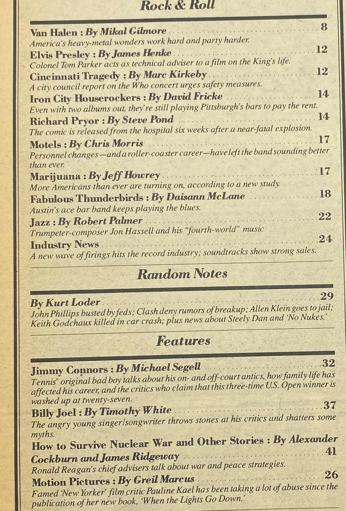 Contents page of VTG Rolling Stone Magazine September 4, 1980 Issue 325 highlighting articles about artists including Van Halen, Elvis Presley, and an interview with Billy Joel.