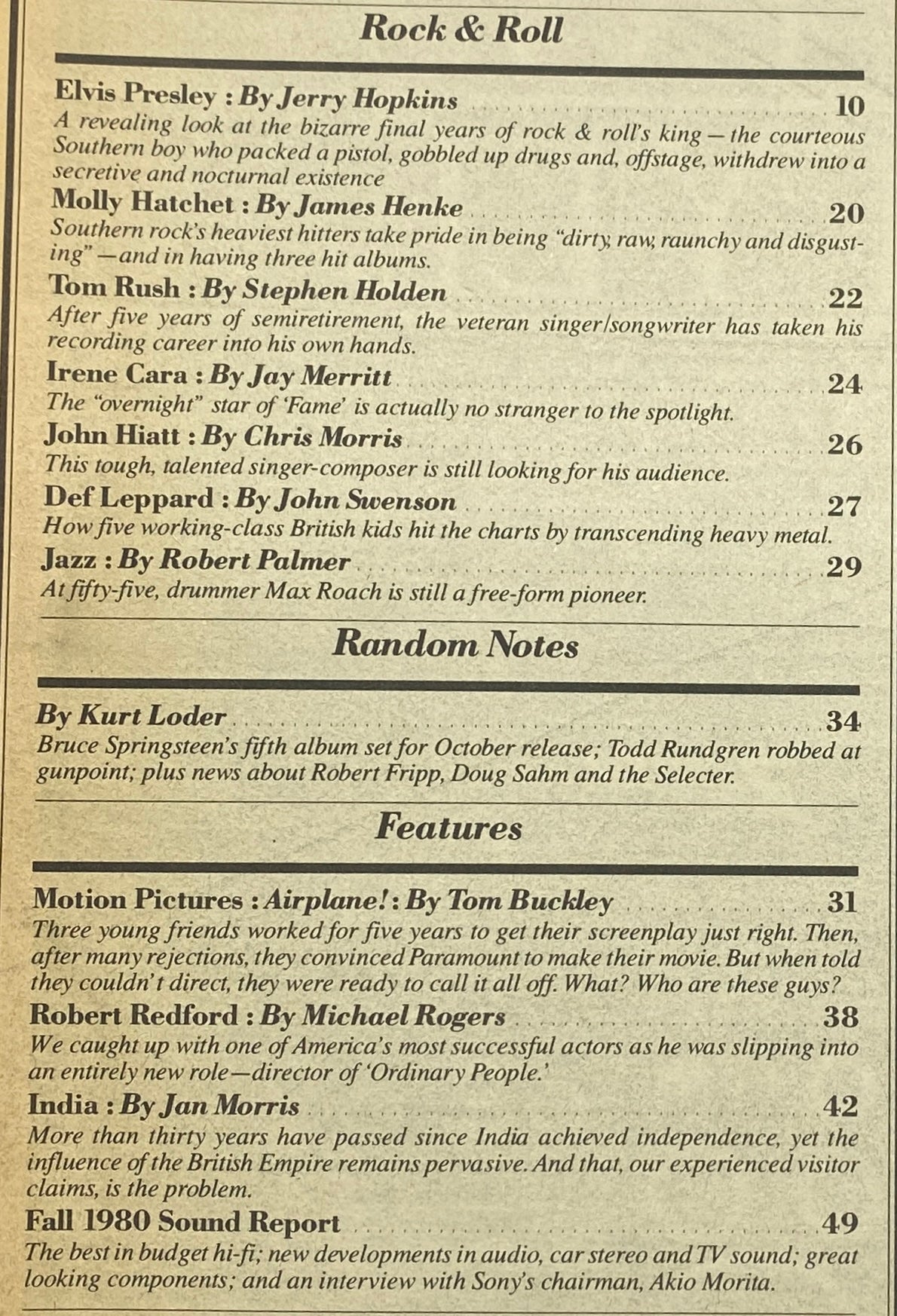 Table of contents from the VTG Rolling Stone Magazine October 2, 1980 Issue 327, listing features on Elvis Presley, Molly Hatchet, and Robert Redford.