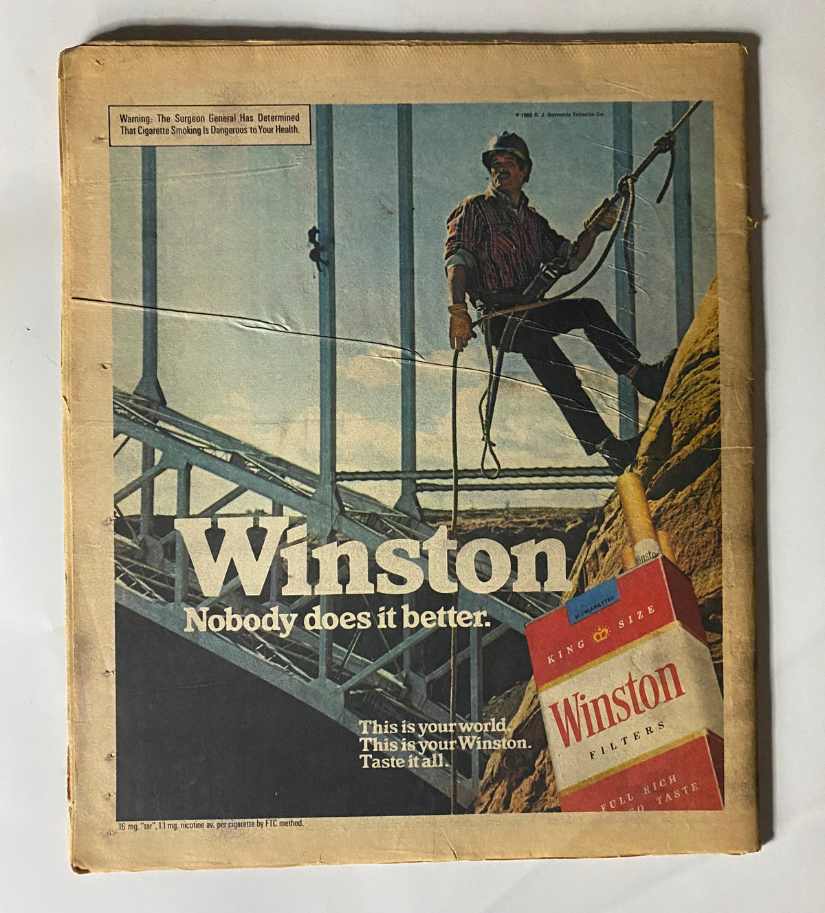 Cover of the VTG Rolling Stone Magazine October 16, 1980 Issue 328 featuring a Winston cigarette advertisement with a man rock climbing, highlighting the cultural significance of the era along with Pat Benatar and Brian De Palma.