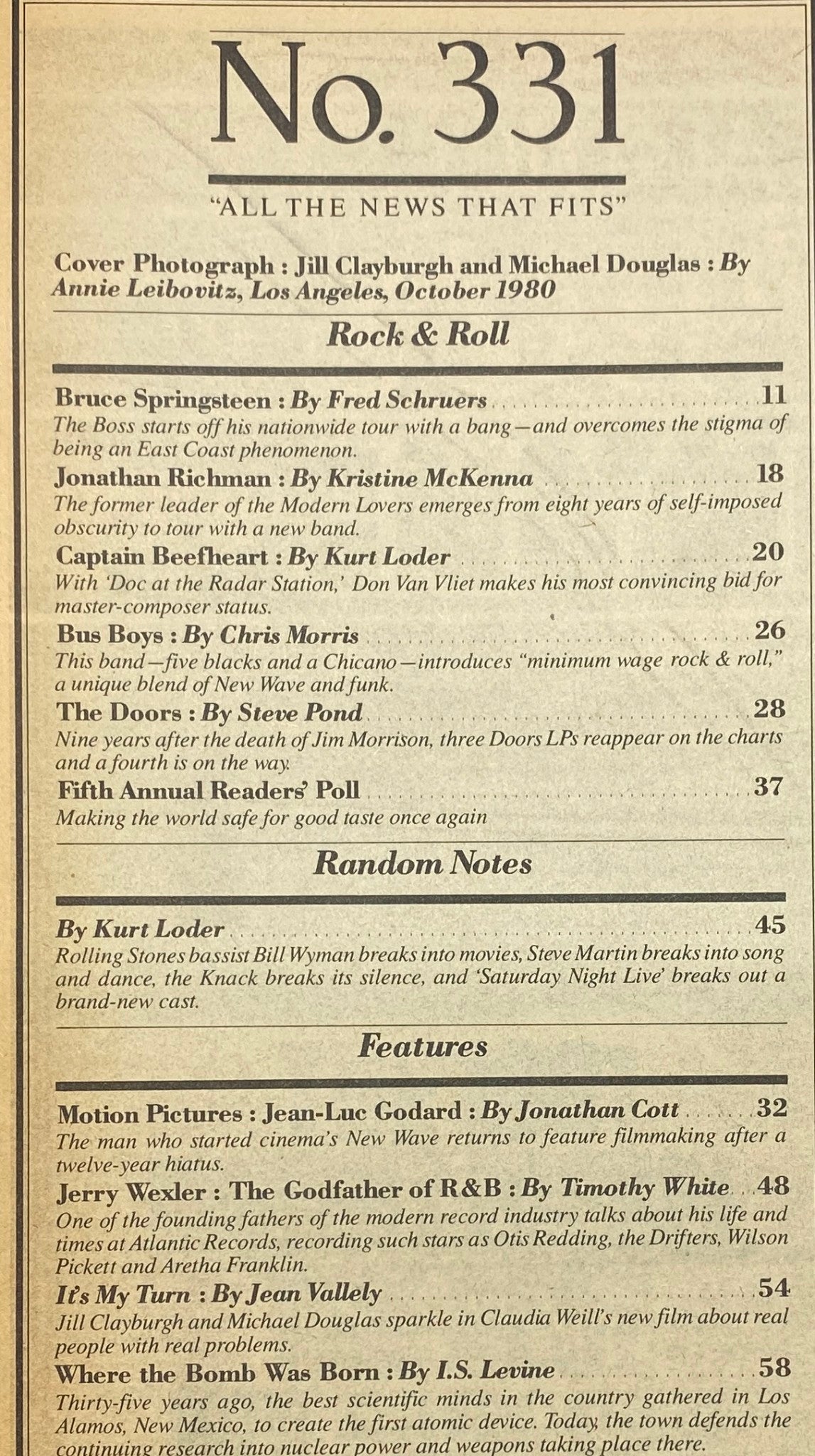 Vintage Rolling Stone Magazine November 27, 1980 Jilly Clayburgh & Michael Douglas