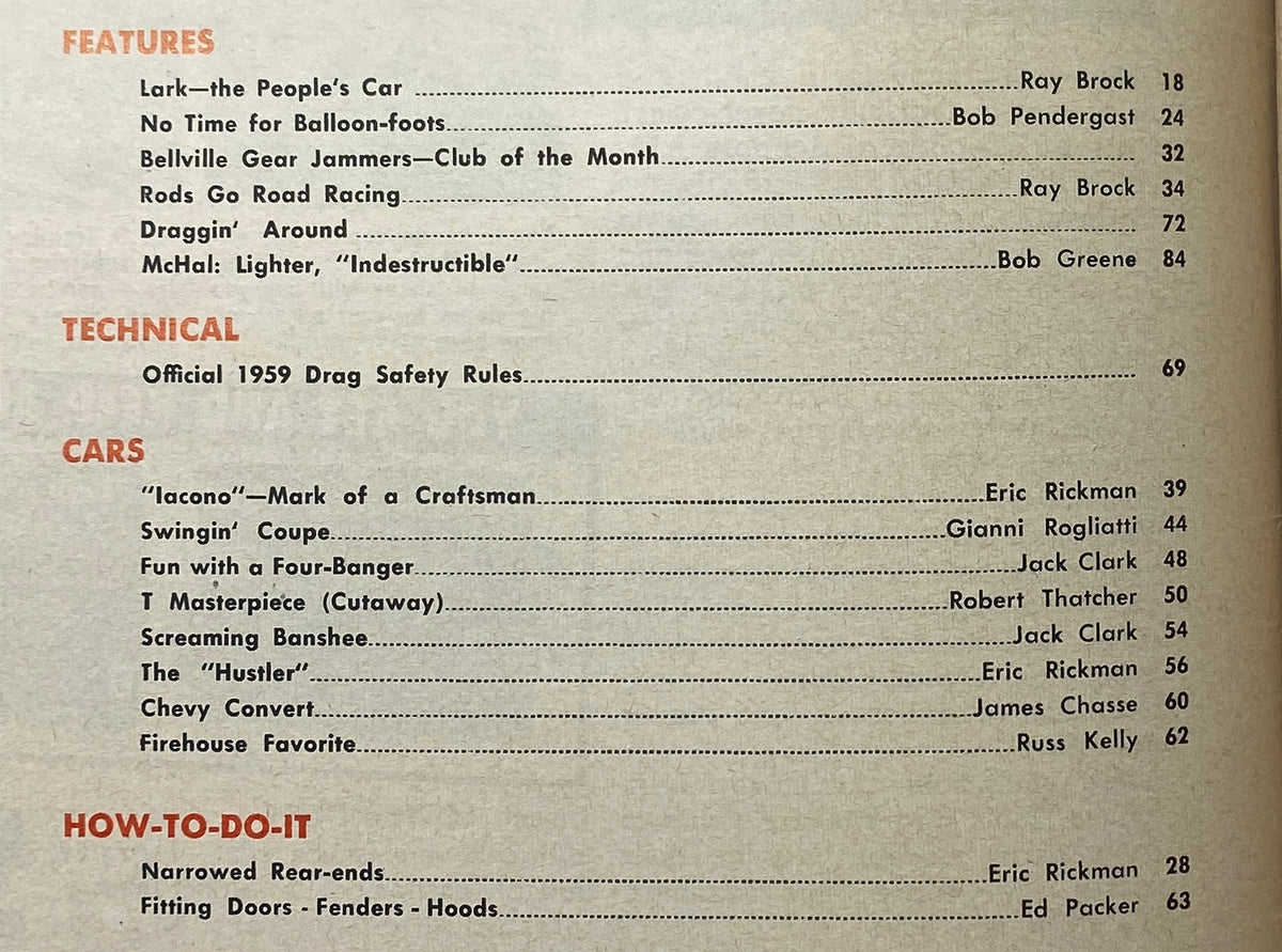 Contents page from VTG Hot Rod Magazine January 1959 detailing features including 'Lark—the People’s Car' and the 1959 Drag Safety Rules, showcasing included articles.