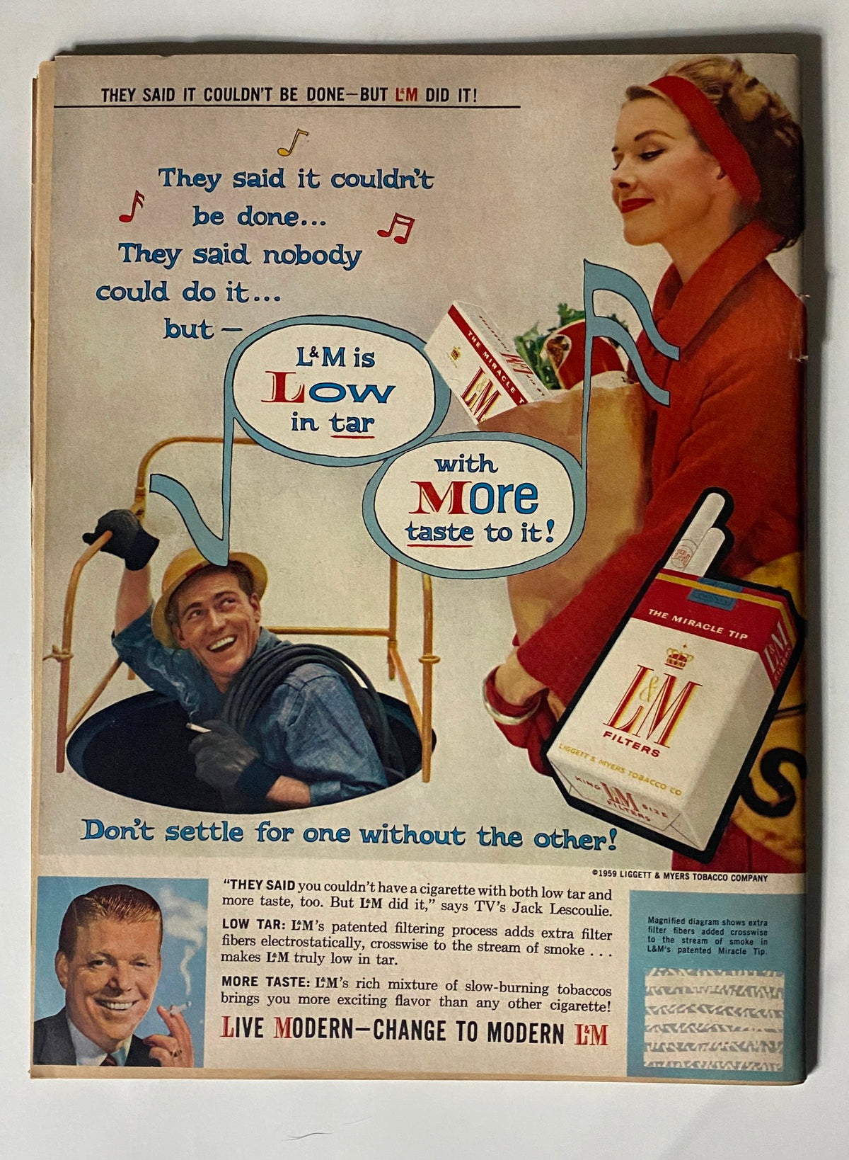 Vintage advertisement from 1959 for L&M Filters cigarettes, promoting low tar and more taste, featured in the context of everyday life.