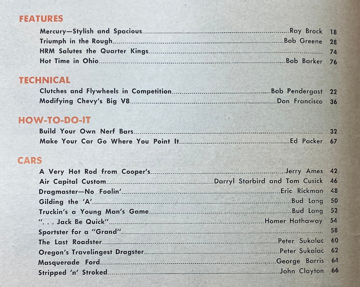 Table of contents from the April 1959 issue of VTG Hot Rod Magazine, listing features, technical articles, and cars covered in the publication.