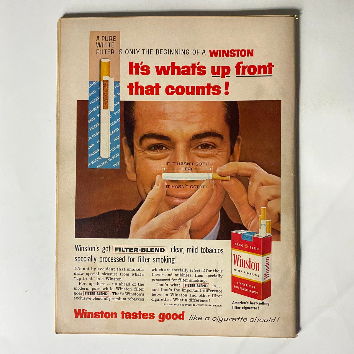 Back cover of the April 1959 VTG Hot Rod Magazine featuring an advertisement for Winston cigarettes highlighting filter blend products.