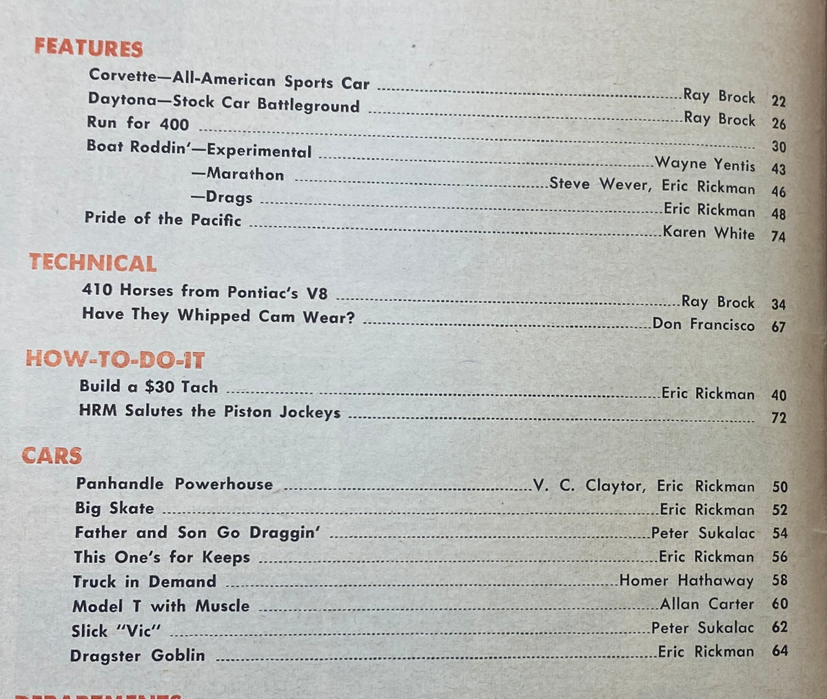 Table of contents from VTG Hot Rod Magazine May 1959 detailing featured articles including Corvette—All-American Sports Car and Technical insights on Pontiac's V8.