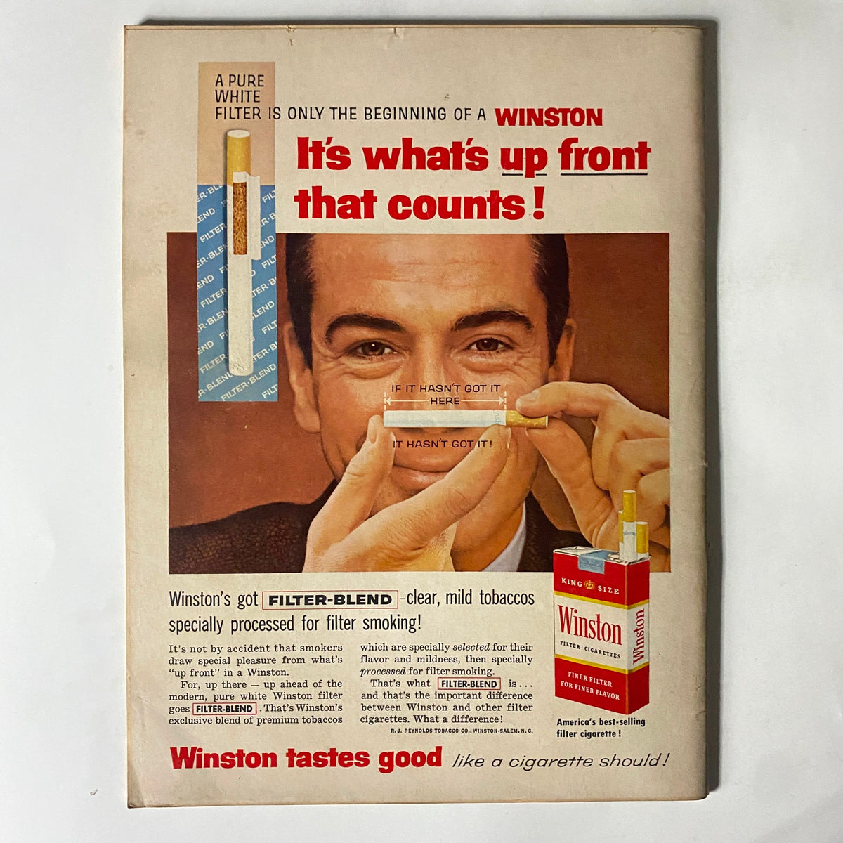 Back cover of VTG Hot Rod Magazine June 1959 with a Winston cigarette advertisement, featuring a man holding a cigarette filter emphasizing the product's purity and quality.