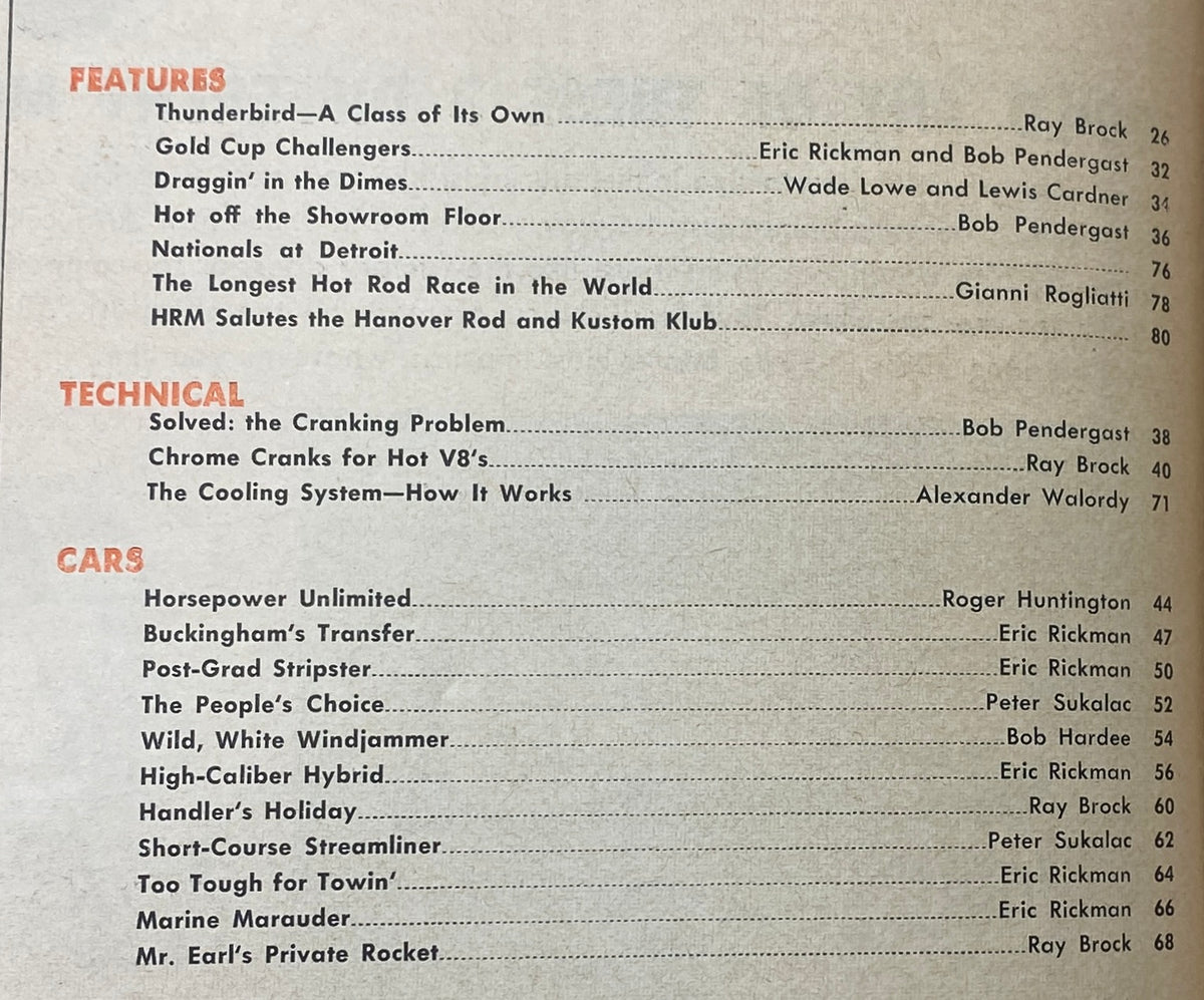 Table of contents for VTG Hot Rod Magazine July 1959, listing features and articles such as 'Thunderbird—A Class of Its Own' and 'Chrome Cranks for Hot V8’s'.