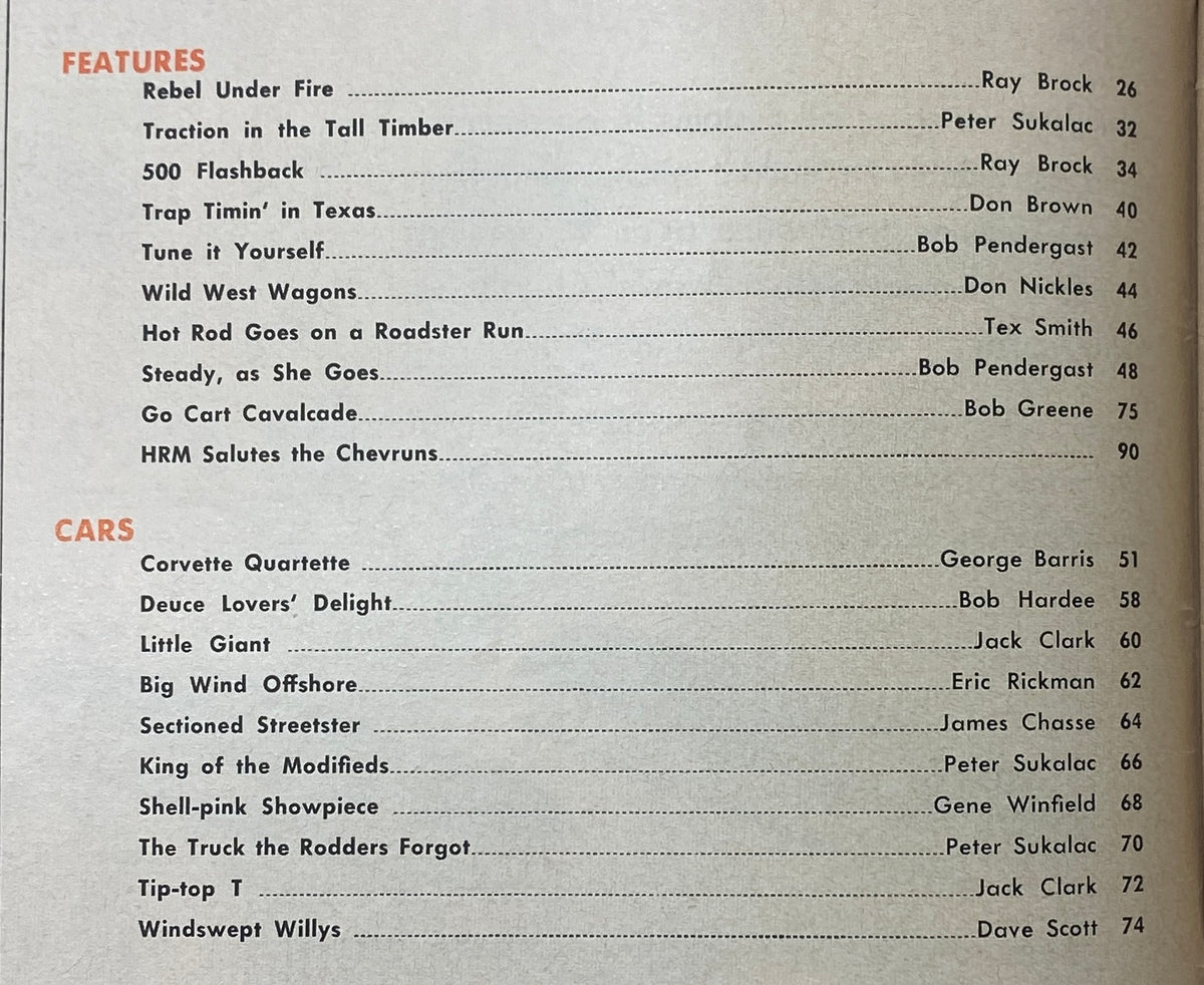 Table of contents from Hot Rod Magazine August 1959, listing featured articles such as 'Rebel Under Fire' and 'Corvette Quartette', showcasing the vintage automotive content.