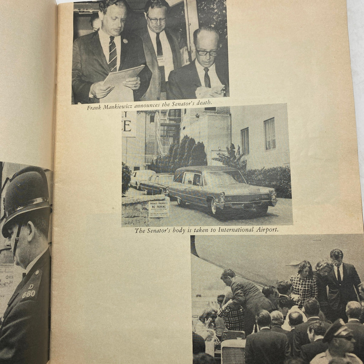 Interior page of the magazine 'United in Grief: Three Widows Share Their Sorrow,' depicting the announcement of a senator's death and the transportation of his body to the airport during a significant moment in history.