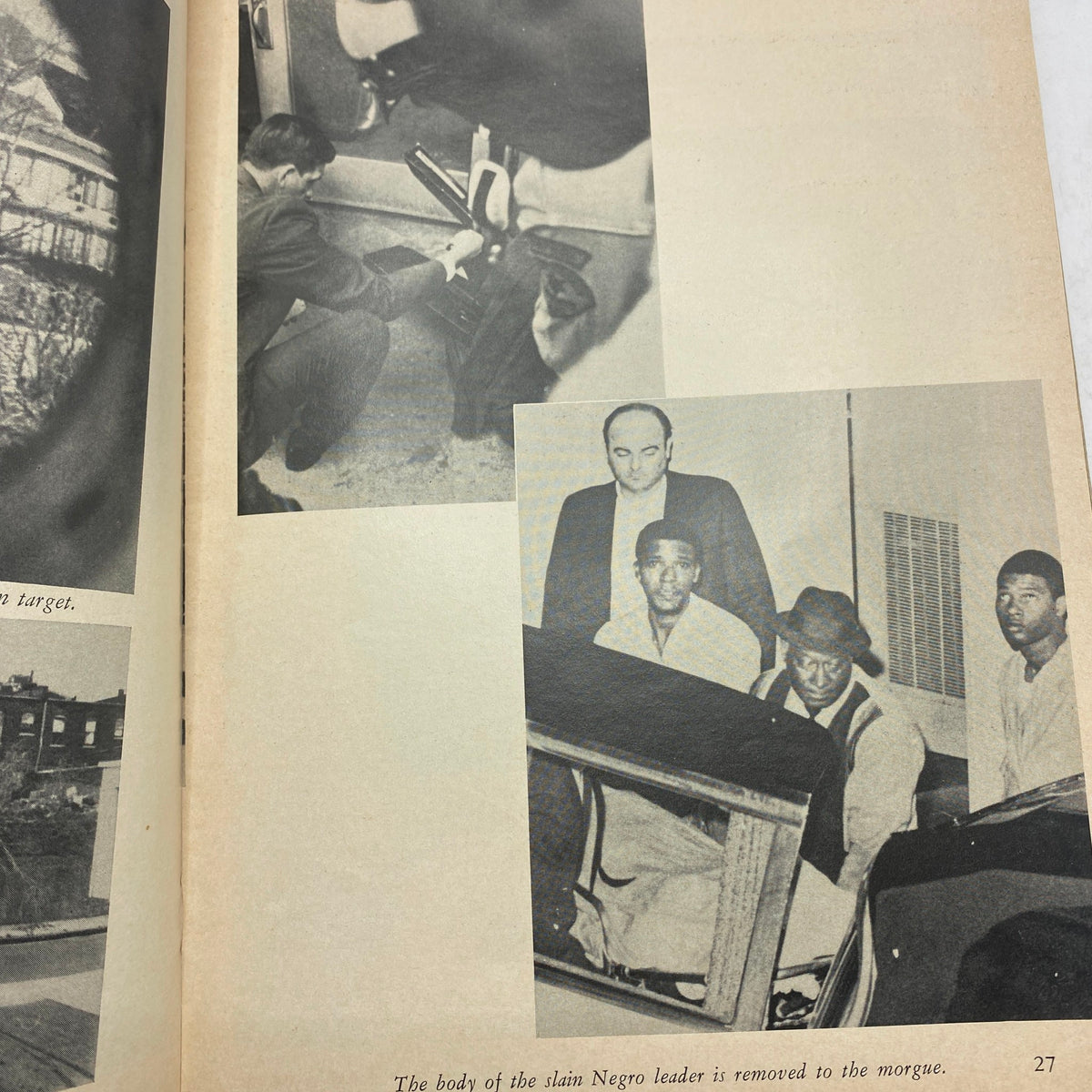 Another interior page from 'United in Grief: Three Widows Share Their Sorrow,' showing police investigation and the recovery of a slain leader's body, reflecting the era's challenges.