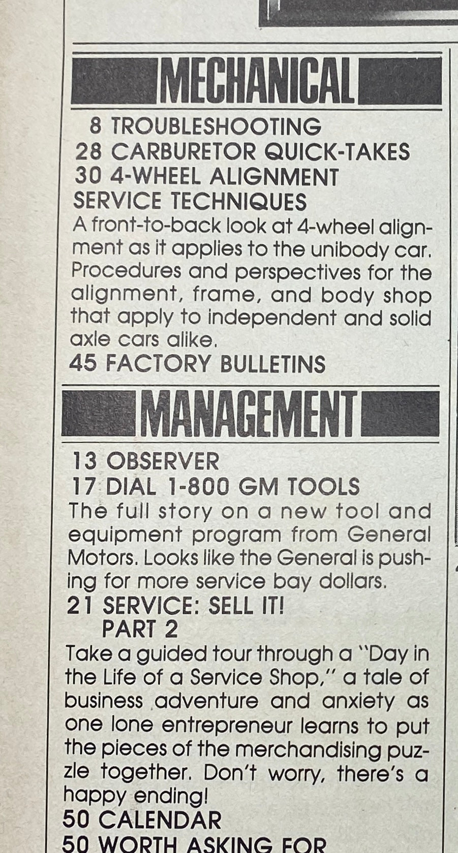 Table of contents page from VTG Chilton's Motor/Age Magazine December 1983, listing features like troubleshooting, carburetor quick-takes, and 4-wheel alignment service techniques.