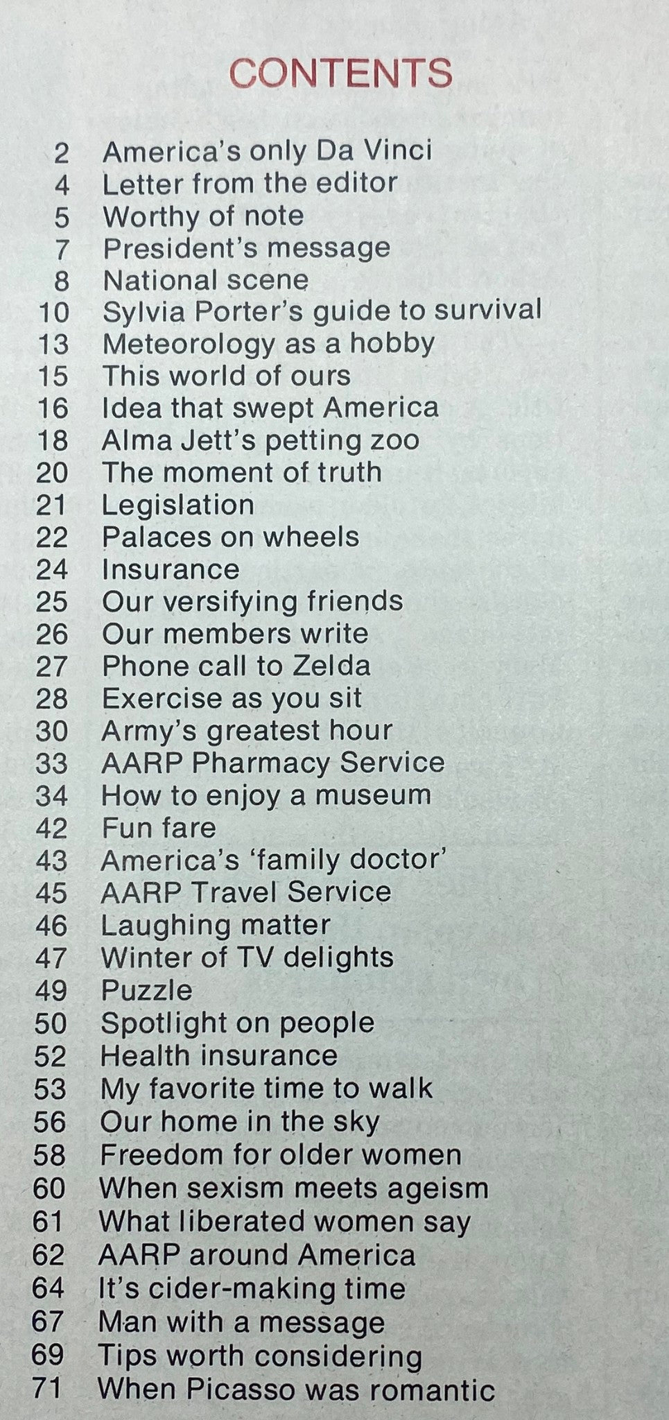 Table of contents from the October-November 1975 issue of Modern Maturity Magazine, detailing articles including 'How to Enjoy a Museum'.