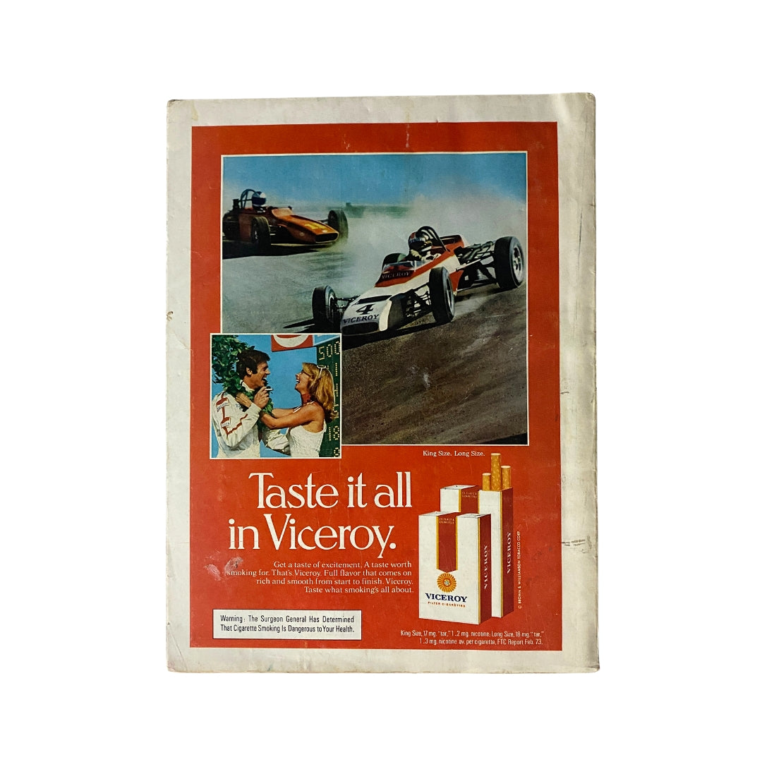Back cover of VTG Esquire Magazine November 1973 showcasing an advertisement for Viceroy cigarettes with a vintage racing theme.