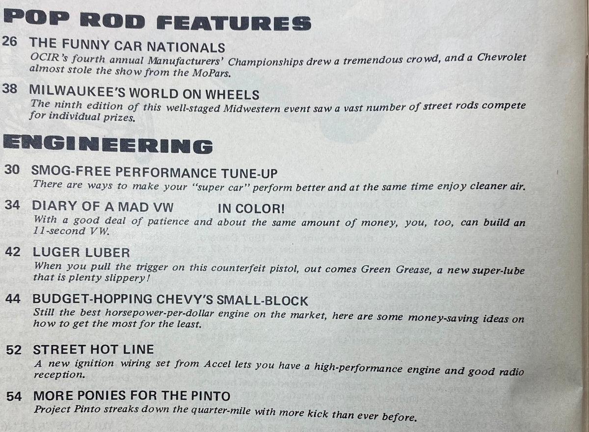Table of contents from VTG Popular Hot Rodding Magazine February 1972 highlighting articles on car events and engineering tips.