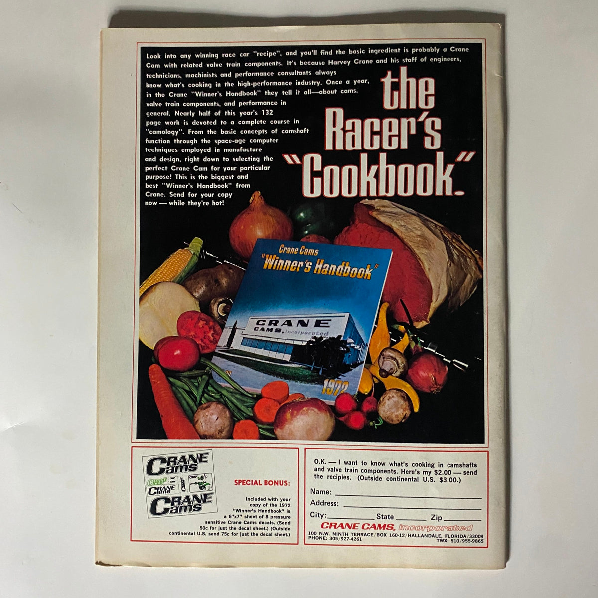 The Racer's Cookbook advertisement from Popular Hot Rodding Magazine February 1972 featuring ingredients and Crane Cams Winner's Handbook promoting high-performance automotive components.