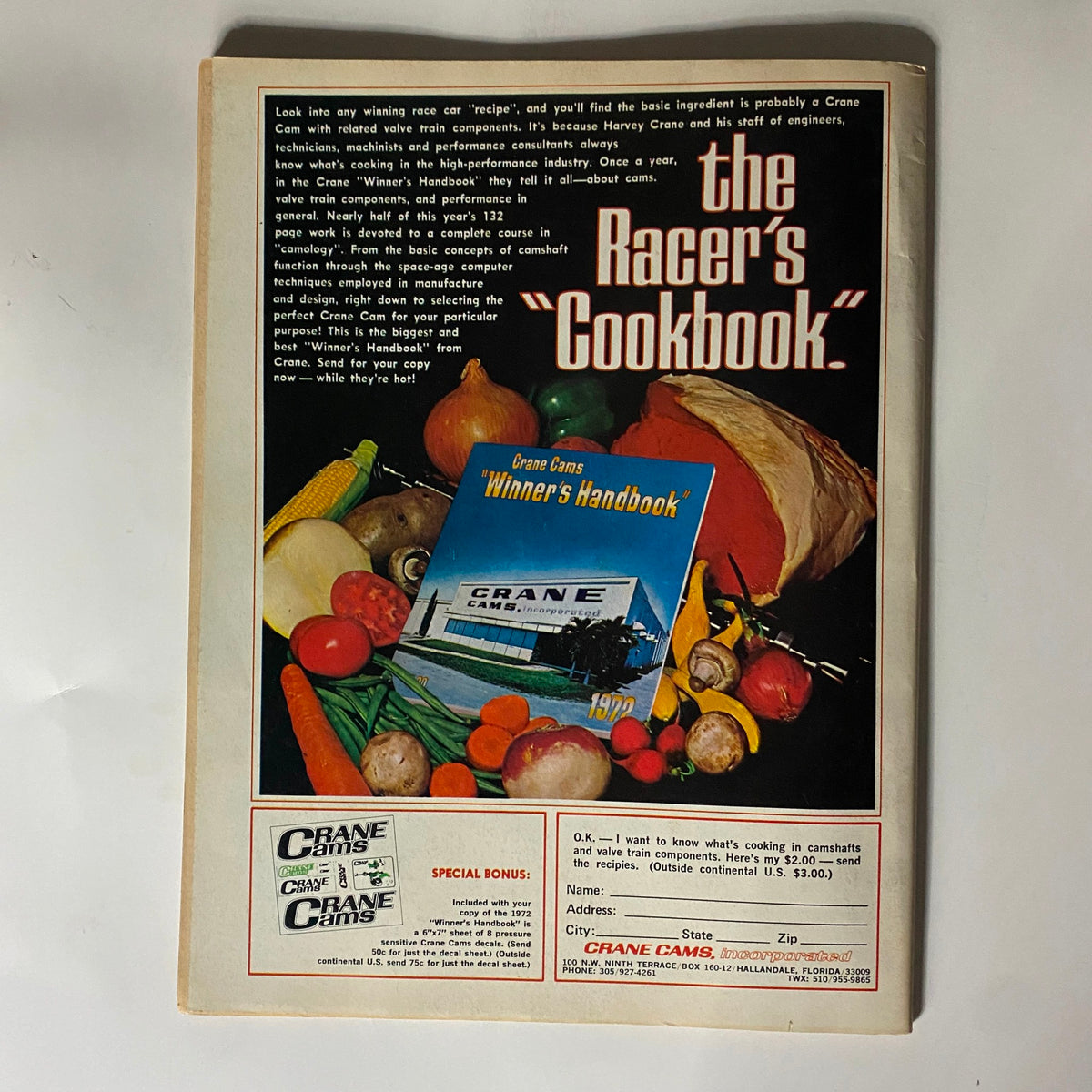 Image from the Popular Hot Rodding Magazine March 1972 titled 'the Racer's Cookbook' featuring a colorful display of vegetables and the Crane Cams 'Winner's Handbook' advertisement. This issue covers essential camshaft knowledge for racing enthusiasts.