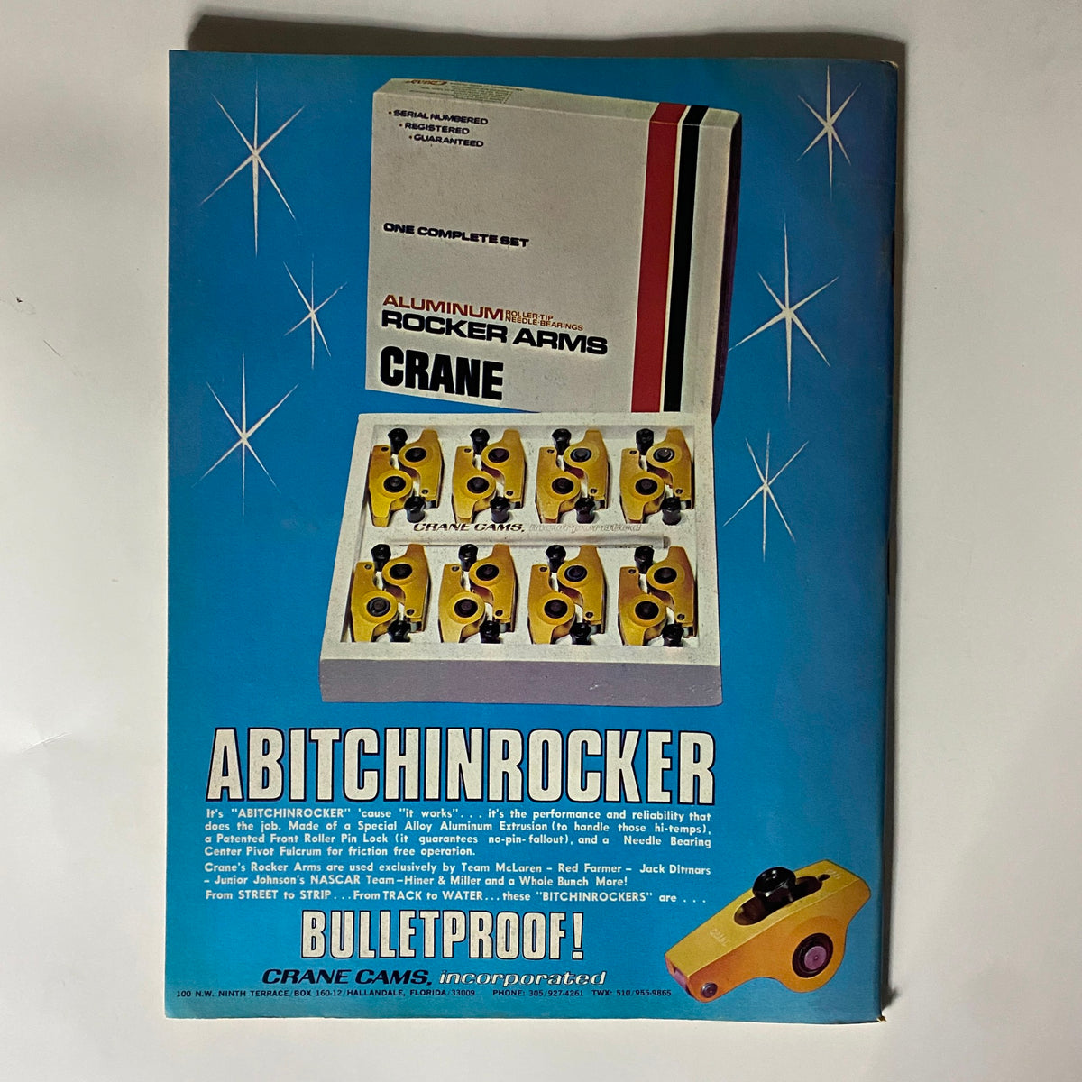 Advertisement page for Crane Cams aluminum rocker arms from Popular Hot Rodding Magazine September 1972, showcasing the product and its features.