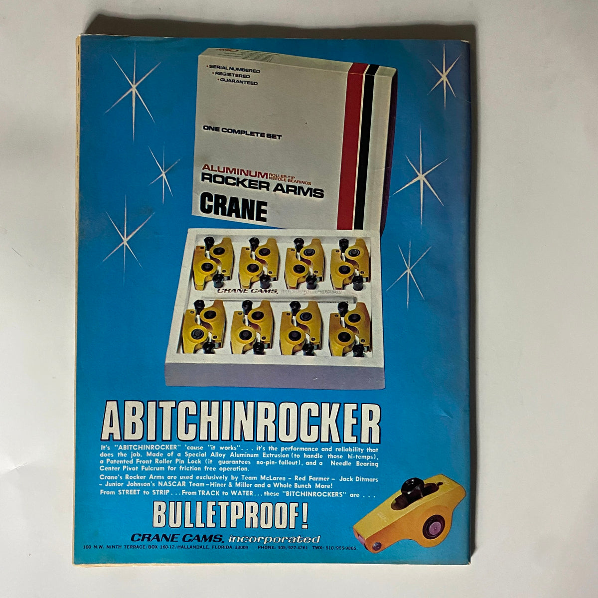Back cover of Popular Hot Rodding Magazine September 1972 promoting Crane Cams aluminum rocker arms with a bold graphic design.