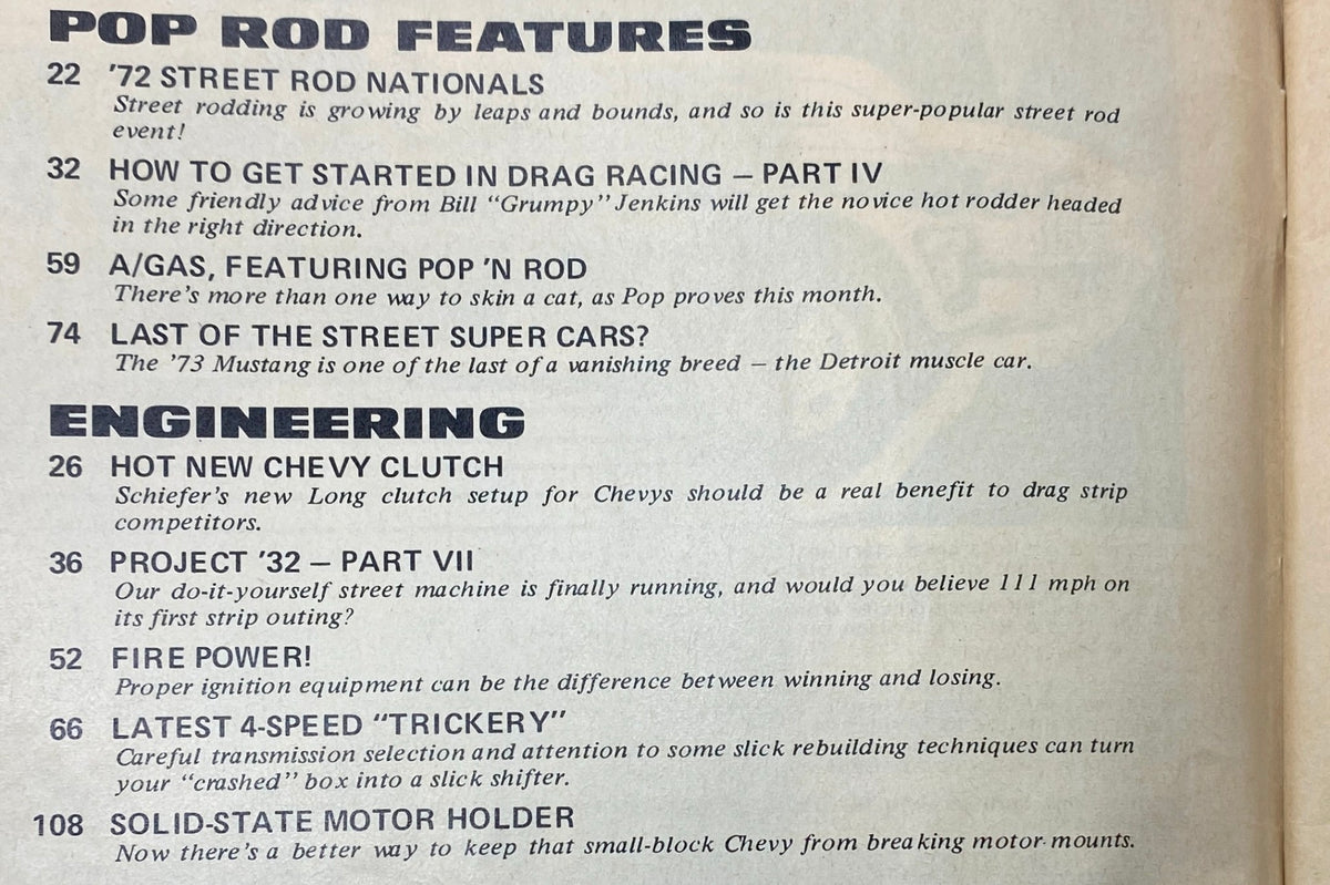 Inside page of Popular Hot Rodding Magazine - October 1972 showing featured topics like A/Gas, Pop 'N Rod, and engineering tips for racers.