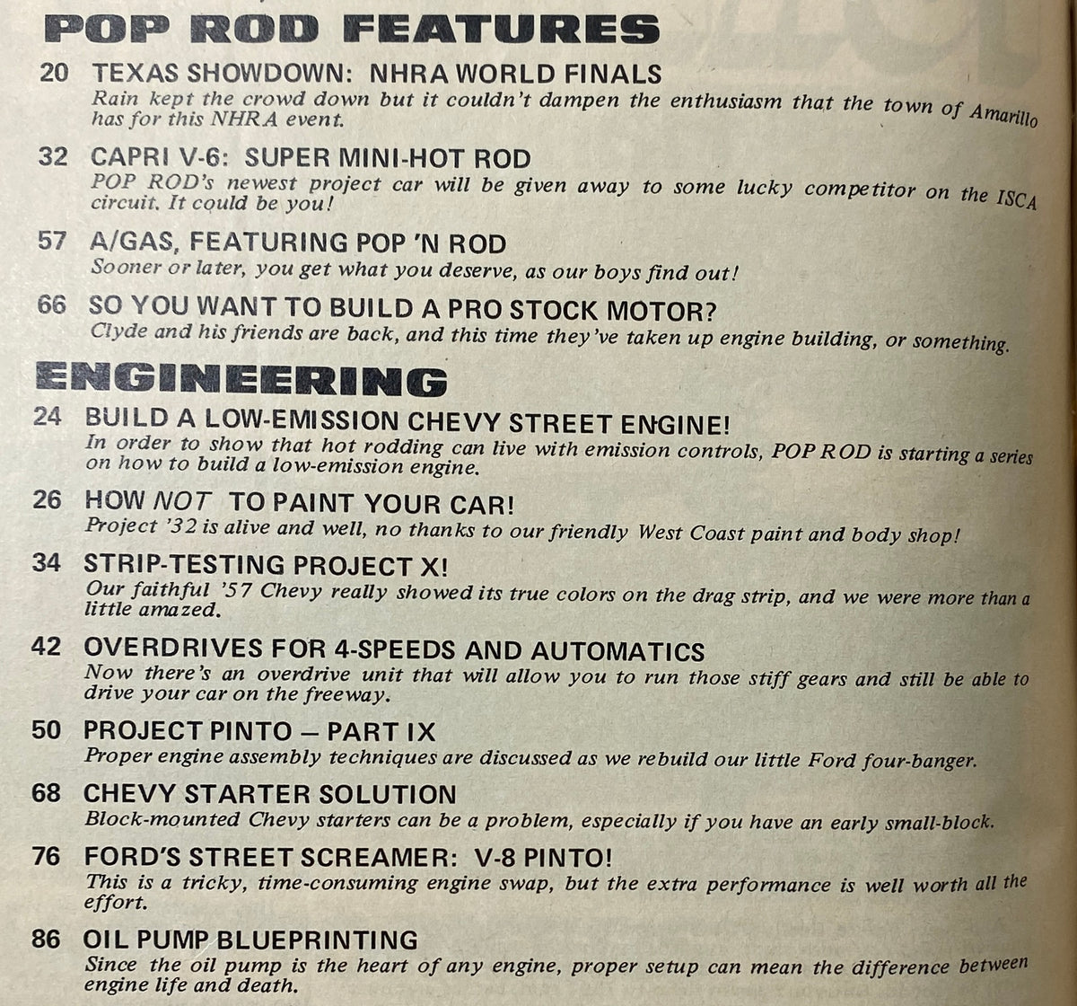Table of contents from Popular Hot Rodding Magazine January 1973, listing features such as 'Texas Showdown: NHRA World Finals' and 'How NOT TO Paint Your Car!'.