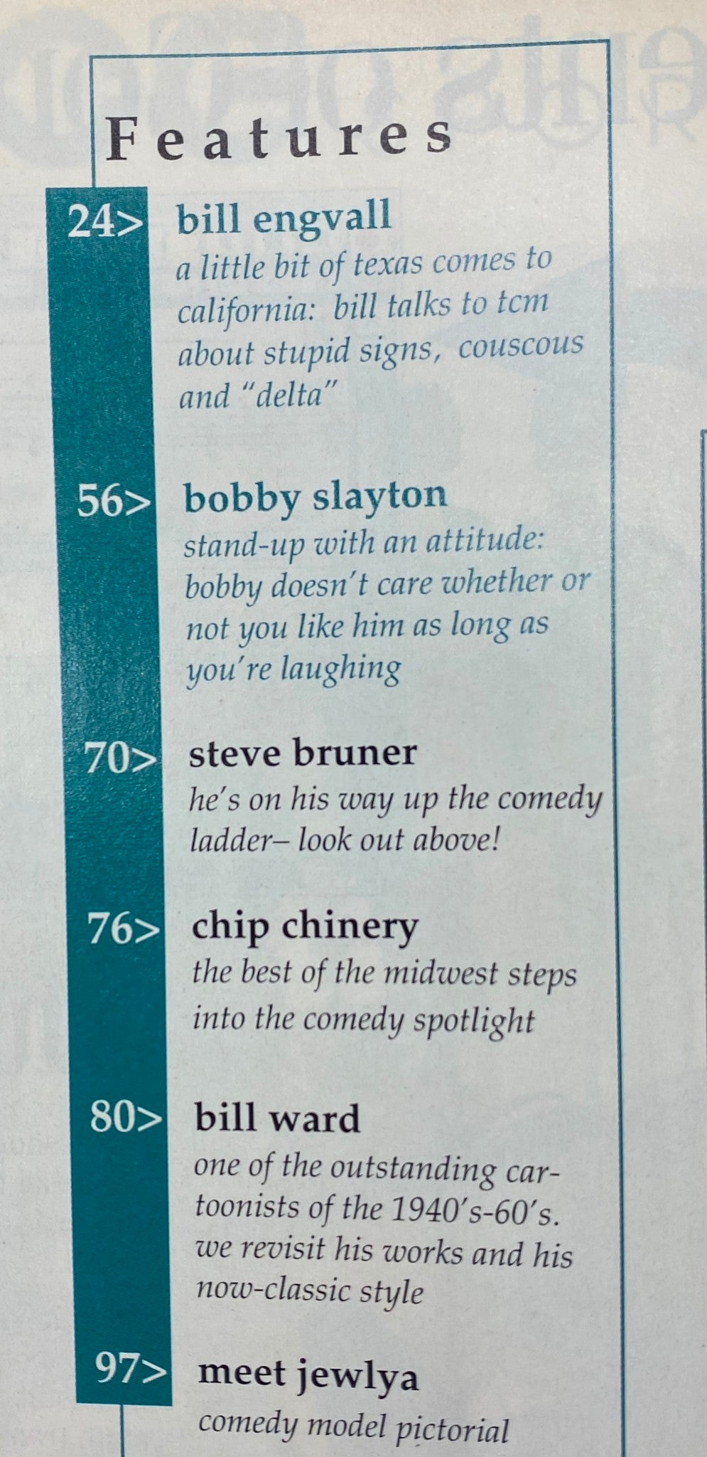 Features page of The Comedy Magazine December 1993, highlighting articles about Bill Engvall, Bobby Slayton, Steve Bruner, Chip Chinery, Bill Ward, and a comedy model pictorial. This issue features icons like David Letterman and Jay Leno.