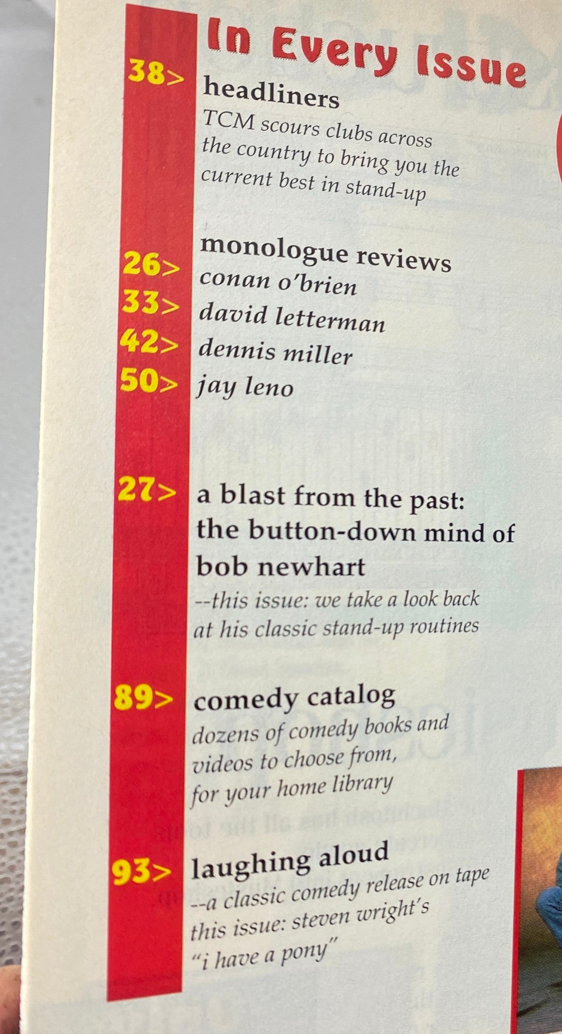 Contents page of The Comedy Magazine September 1994 issue No. 3, detailing articles and reviews including monologue reviews of Conan O'Brien, David Letterman, and Dennis Miller.