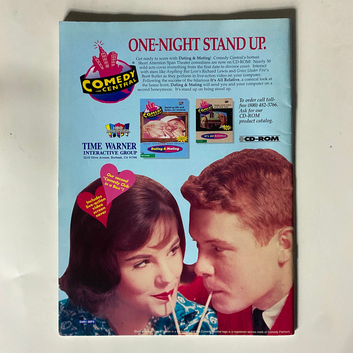Back cover of The Comedy Magazine July 1997 issue featuring Jay Leno on the cover. Colorful promotional advertisement for Comedy Central's 'Dating & Mating', showcasing a couple sharing a drink and a playful message about comedy, along with information on interactive entertainment. Perfect for collectors of vintage comedy magazines.