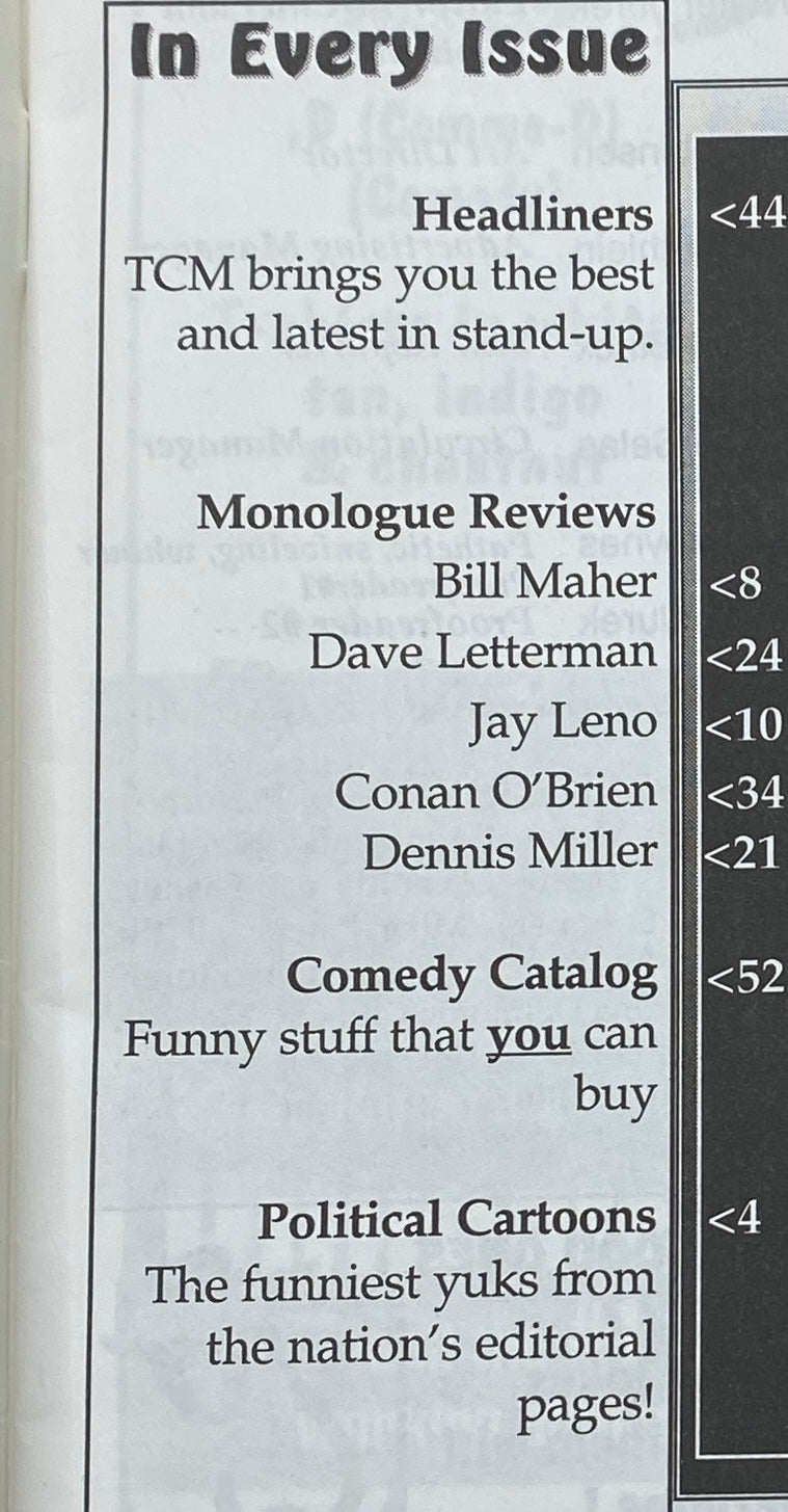 Contents page of The Comedy Magazine December 1997 highlighting monologue reviews by comedians like Bill Maher and Jay Leno.