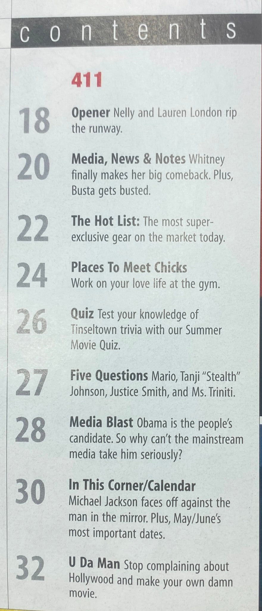 Contents page of Smooth Magazine May 2008, detailing features including Nelly, Lauren London, and a Tinseltown trivia quiz.