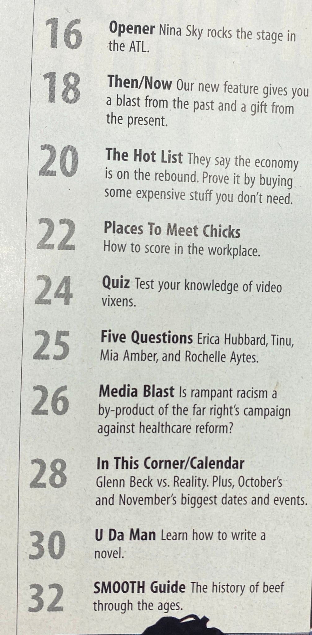 Inside content from Smooth Magazine 2009 Issue #43, showcasing features like Nina Sky and various articles including 'The Hot List' and 'Places To Meet Chicks.' A glimpse into pop culture from the late 2000s.