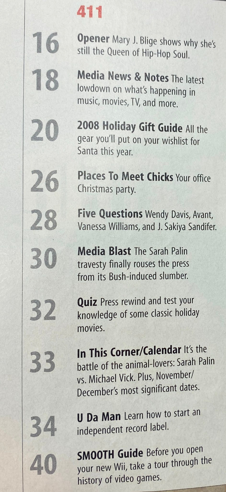 Interior page of Smooth Magazine November 2008, showcasing table of contents including features on Mary J. Blige and holiday gift ideas.