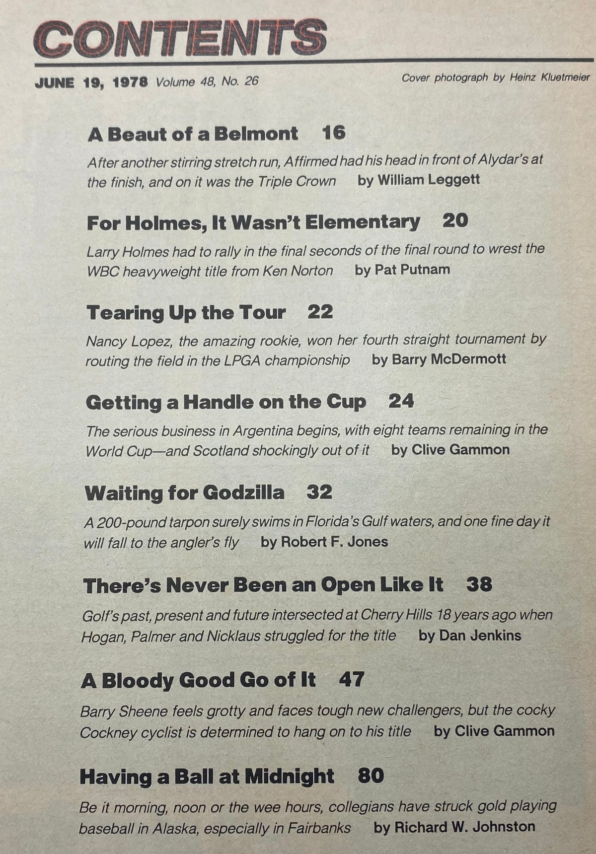 Contents page of the Sports Illustrated Magazine June 19, 1978 featuring articles on Affirmed's Triple Crown victory and Larry Holmes' championship bout.