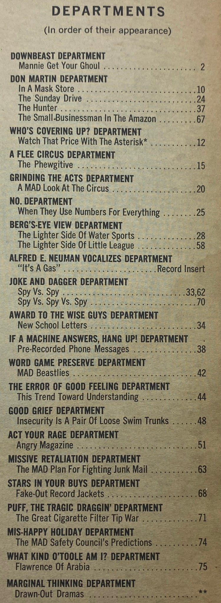 Table of contents from Mad Magazine 1966 Ninth Annual Edition of the Worst, listing various humorous features and comic strips.