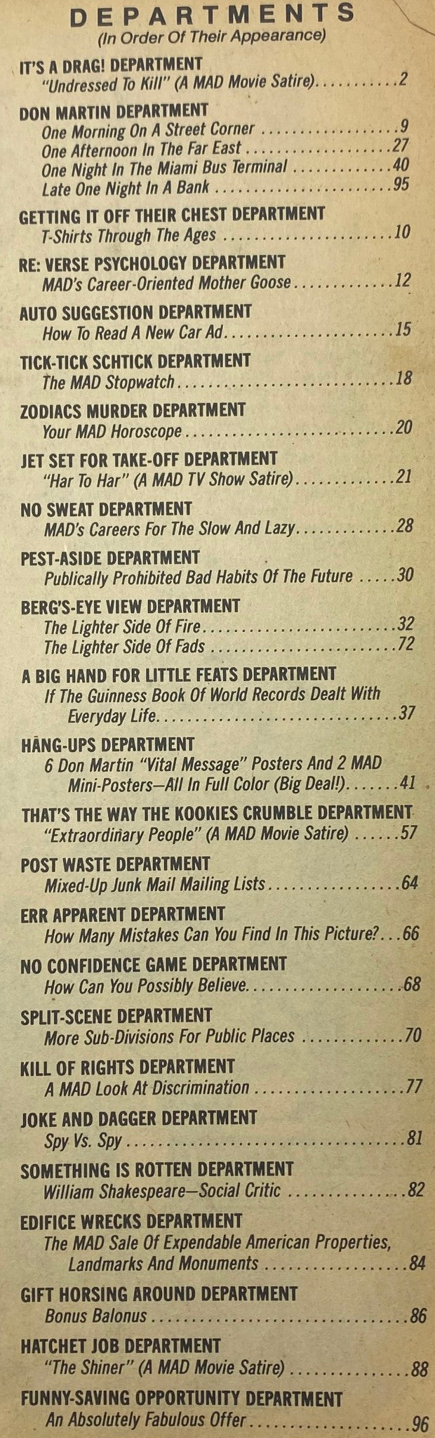 Table of contents from Mad Magazine Fall 1986 Super Special, listing various satirical sections including Don Martin department and Spy Vs. Spy.